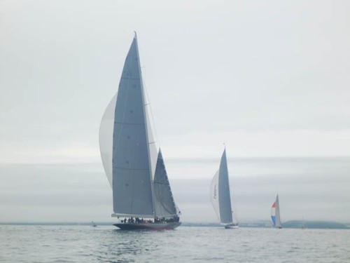 J class Valsheda makes her way to the finish line on a fog marred Race 2 of UK Series, Falmouth © J Class Association